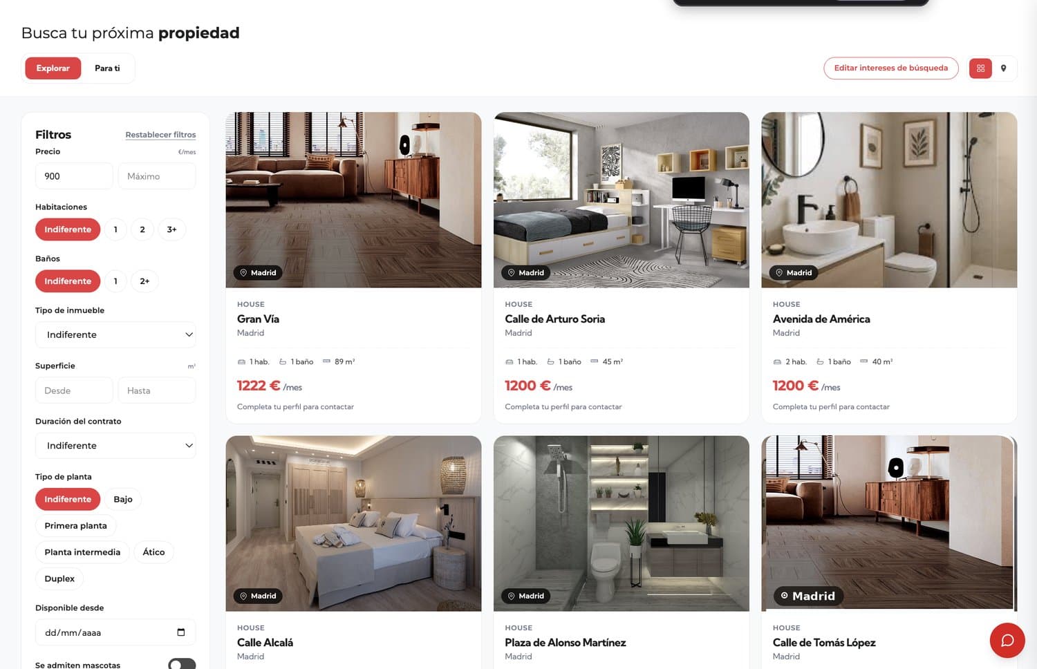 Finaer housing portal showing the list of available homes